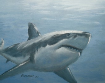 Original oil painting Great white shark swim hunt in the ocean under water fantasy art Predator hunting