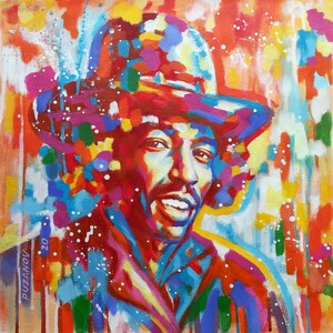 Large size Jimi Hendrix portrait. Original acrylic painting. Abstract Spontaneous realism Impressionism Expressionism Pop art. Rock music.