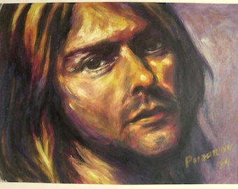 Original oljemålning Kurt Cobain porträtt Nirvana samtida modern färgglad realistisk konst