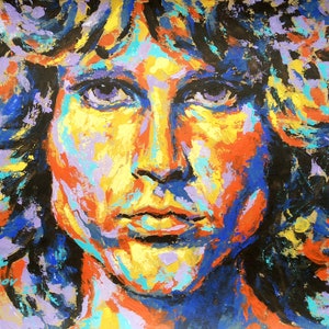 May include: Abstract painting of a person's face with a colorful, expressive style. The painting features a mix of blues, yellows, oranges, and purples, creating a vibrant and dynamic composition. The artist's signature, "Puzanov", is visible in the lower left corner.