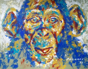 Peinture acrylique originale singe chimpanzé portrait Contemporain moderne coloré abstrait pop art Palette couteau empâtement texture peinture