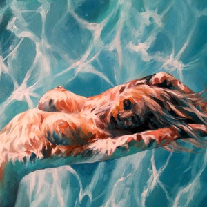 Large Original oil painting Nude, naked girl in the swimming pool under water. Erotic Female Art fantasy imagination. Turquoise pool. image 2