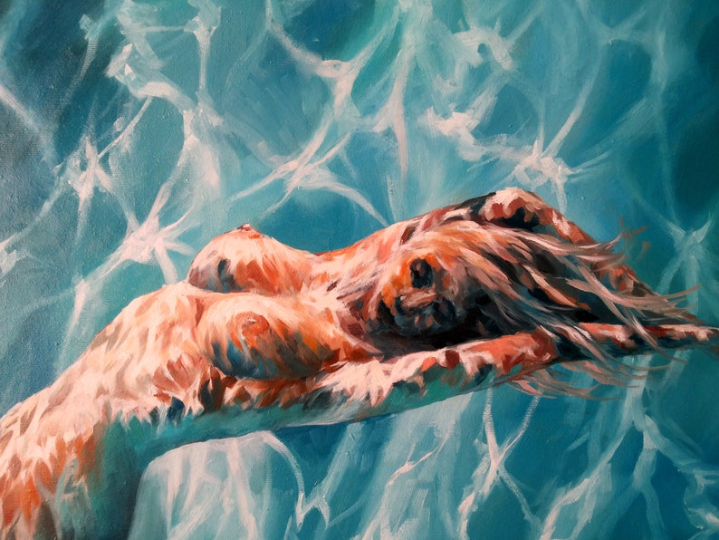 Large Original oil painting Nude, naked girl in the swimming pool under water. Erotic Female Art fantasy imagination. Turquoise pool. image 2