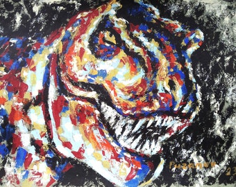 Original acrylic painting Tyrannosaurus rex portrait Contemporary modern colorful abstract pop art Palette knife impasto texture painting