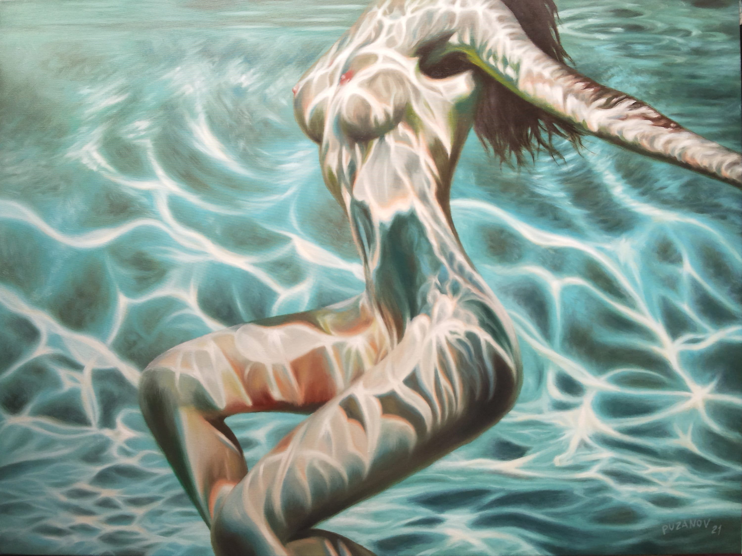 Real Art Nude - Large Original Oil Painting Nude Naked Girl in the Swimming - Etsy