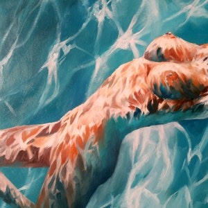 Large Original oil painting Nude, naked girl in the swimming pool under water. Erotic Female Art fantasy imagination. Turquoise pool. image 3