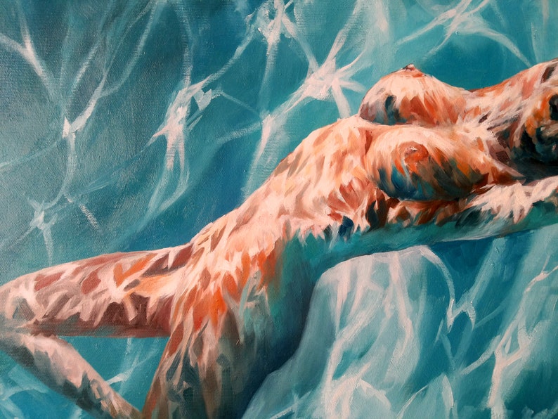 Large Original oil painting Nude, naked girl in the swimming pool under water. Erotic Female Art fantasy imagination. Turquoise pool. image 3