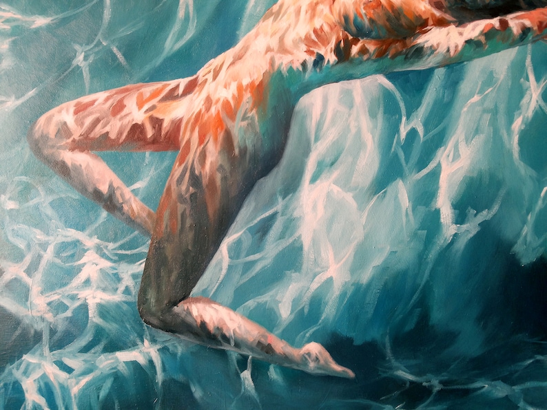 Large Original oil painting Nude, naked girl in the swimming pool under water. Erotic Female Art fantasy imagination. Turquoise pool. image 4