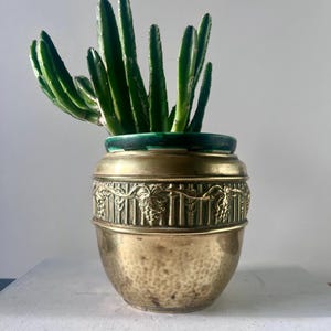 Op de afbeelding: Een messing plantenbak met een getextureerde, gehamerde afwerking en een decoratieve band met druivenrankmotieven. De plantenbak bevat een groene vetplant. De bovenrand is donkergroen. Het algehele ontwerp is vintage en decoratief.
