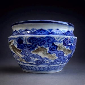 Vintage Japanese Imari Dragon Bowl | Blue & White Raised Dragon Ceramic Planter Cachepot. Large Oriental jardinere