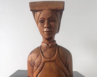 Vintage handgeschnitzte Holzbüste Volkskunst Skulptur Teak Figur rustikales Dekorationsobjekt Mid Century