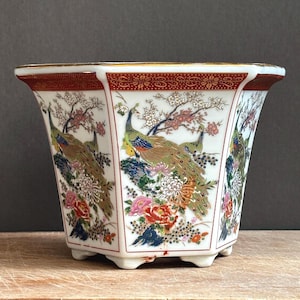 Vintage Oriental Peacock Planter | Hexagonal Porcelain Plant Pot