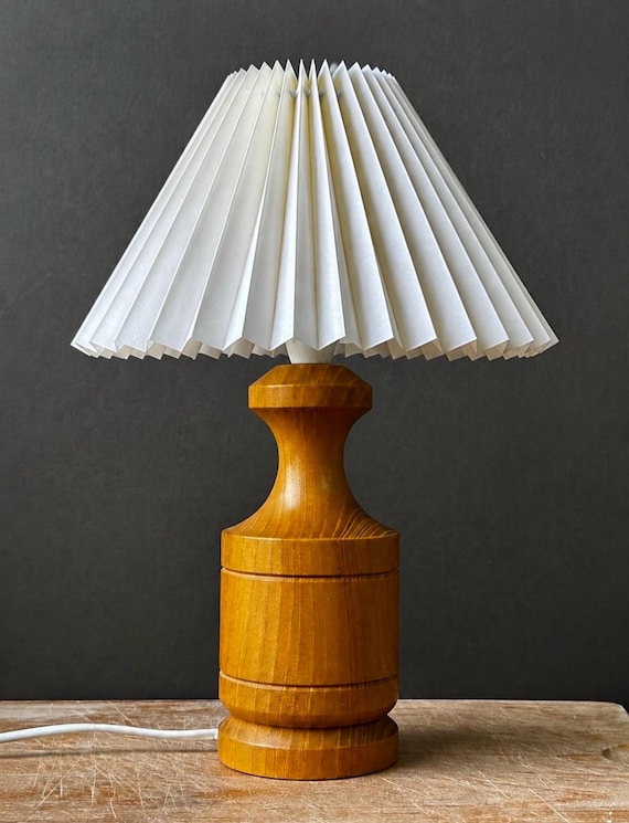 Vintage Danish Teak Table Lamp, Mid Century Wooden Lamp Base, Pleated Shade Lamp, Scandinavian Modern Lighting