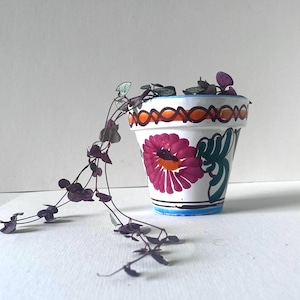 May include: A white ceramic plant pot with a hand-painted floral design in pink, orange, and green. The pot has a blue and black stripe at the base and a trailing plant with purple leaves.