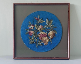Vintage Framed Needlepoint  Folk Art Tapestry Wall Decor Vintage Framed Needlepoint