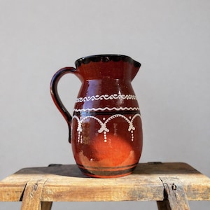 Vintage Brown Slipware Glazed Pottery Jug, Hand Decorated Cream Slipware Pitcher, Rustic Country Kitchen Vase