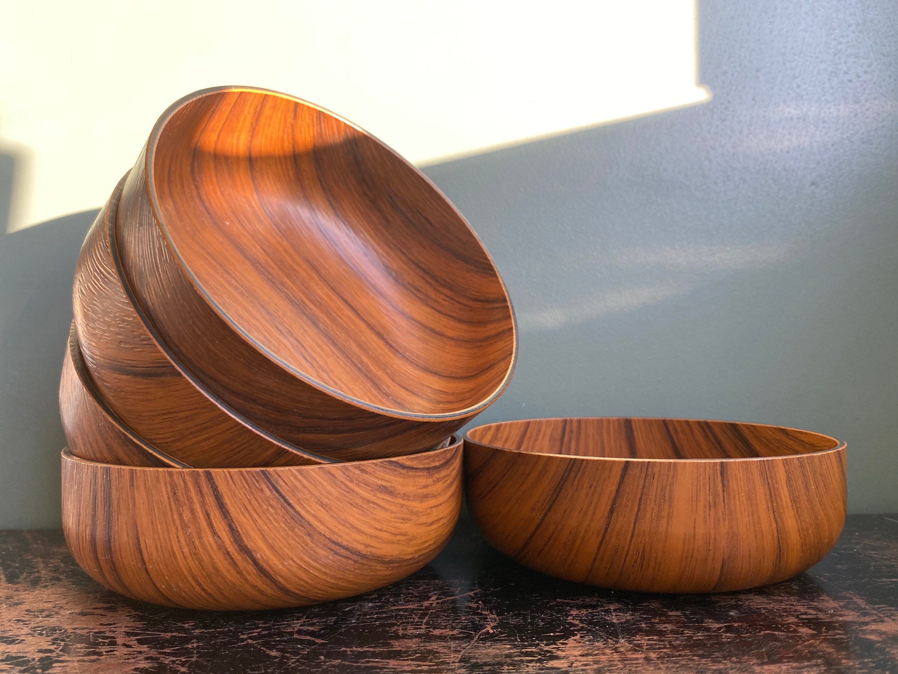 Mid Century modern Italian designed Robex set of 5 faux teak bowls.Vintage bowls.