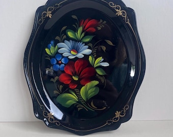 Ancien Plateau Russe Zhostovo Peint à La Main - Années 1940 - Décor Floral Sur Laque Noire