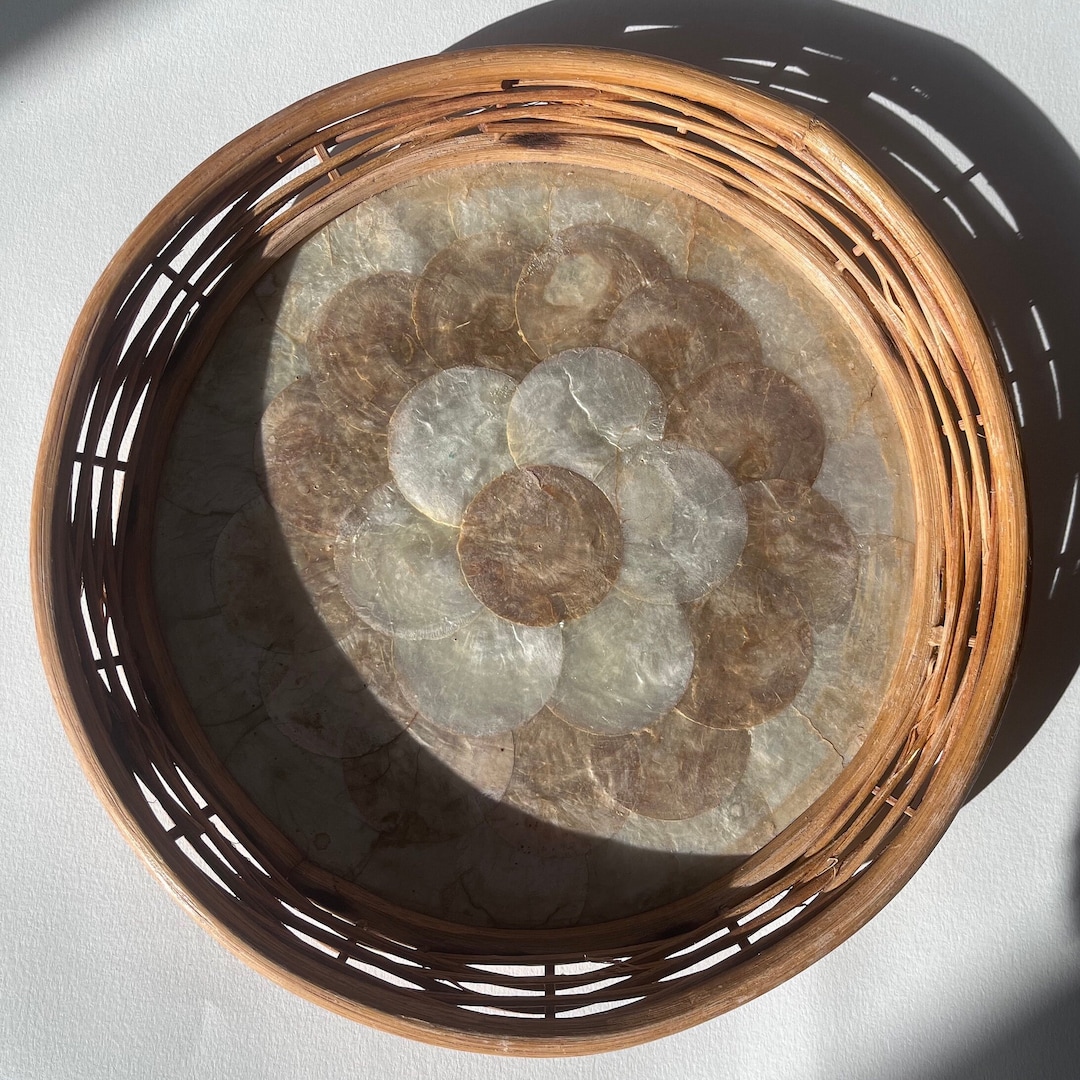 Vintage Capiz Shell Tray Rattan Round Tray Coastal Boho Decor Natural ...