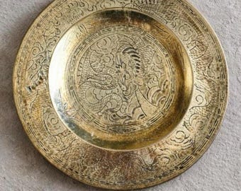 Vintage Engraved Brass Plate Rustic Wall Decor Metal Dish Decorative Plate