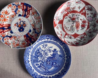 Conjunto de 3 pratos vintage em estilo chinês | Decoração oriental para parede, peça eclética para galeria de arte