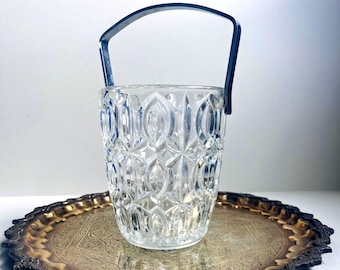 Vintage Glass Ice Bucket, French Diamond Cut Champagne Bucket, Mid Century Wine Cooler, Retro Barware, Drinks Cabinet Decor