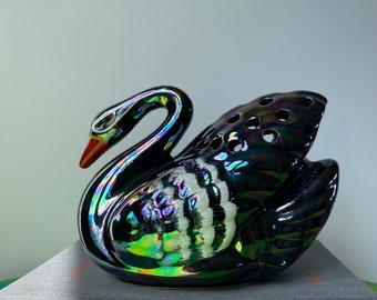 Vintage lustreware black swan planter/jardiniere. Retro swan . Flower arrangement.