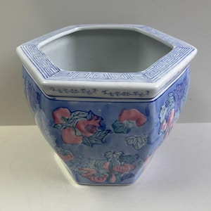 ヴィンテージ シノワズリ 六角形 キャッシュ ポット プランター ブルー ピンク 花 セラミック ジャルディニエール