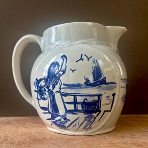 Vintage Hand Painted Coastal Pottery Jug Blue and Cream Fishing Boat Vase