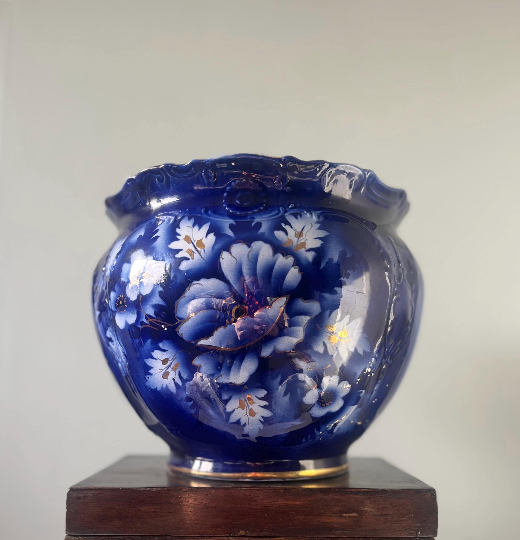 VASO FIORIERA PORTAVASO ceramica blu per esterno o interno rotondo cm
