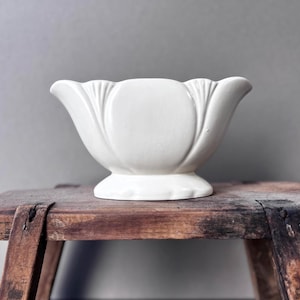 May include: A white ceramic vase with a fluted design and a pedestal base. The vase has a rounded centre and flared sides, sitting on a rustic wooden surface. The overall shape is reminiscent of a stylized flower.