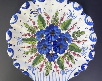 Vintage Hand Painted Majolica Style Floral Wall Plate Scalloped Edge Decorative Plate Blue White Ceramic Decor