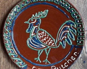 Vintage French Slipware Rooster Plate, Hand Painted Folk Art Dish, Red Glazed Ceramic Wall Plate