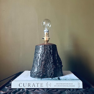 Puede incluir: Una base de lámpara de madera marrón oscuro con forma de tronco de árbol con una bombilla de vidrio transparente y un casquillo de latón. La lámpara está colocada sobre un libro blanco con el texto "CURATE" impreso en la portada. El libro está sobre una mesa de madera marrón oscuro con intrincados tallados.