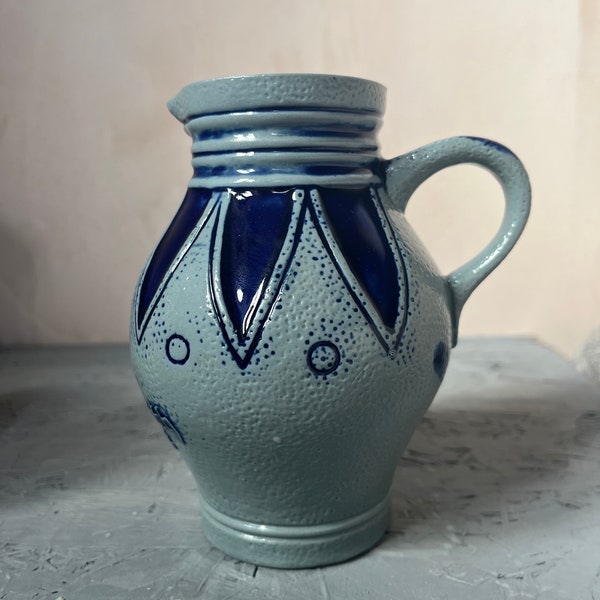 Vintage salt glazed tonal blue jug.Stoneware jug.