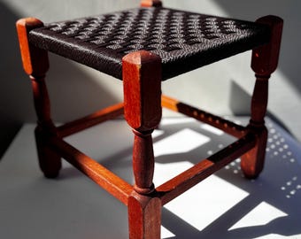 Vintage Wooden Stool 1960’s Woven Rattan Style Retro Vintage Wooden Foot Stool  - Woven Brown Top -