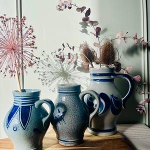 Vintage Salt Glazed Pottery Jug: Handarbeit German Pitcher