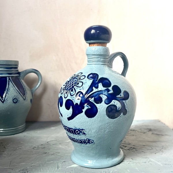 Vintage salt glazed tonal blue jug.Stoneware jug.