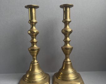 Vintage Brass Candle Holders: Beveled Square Base, Made in England