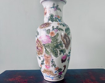Jarrón chinoiserie vintage: porcelana con flor de loto pintada a mano, 32 cm