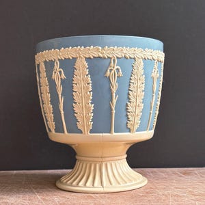 May include: A light blue footed bowl featuring cream-coloured relief decorations. The exterior displays a horizontal laurel leaf border at the top, with alternating vertical fern-like foliage and floral motifs. The base is a solid cream colour.