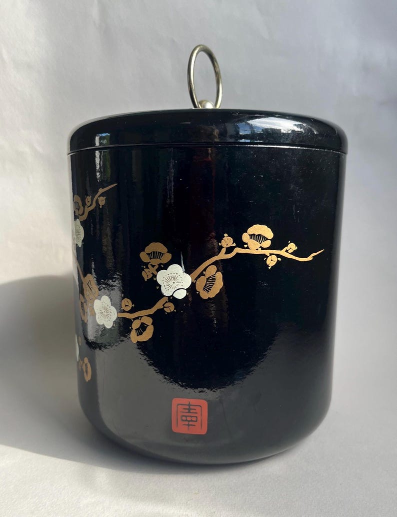 Midcentury Chinoiserie Style Ice Bucket.black Lacquered Ice Bucket