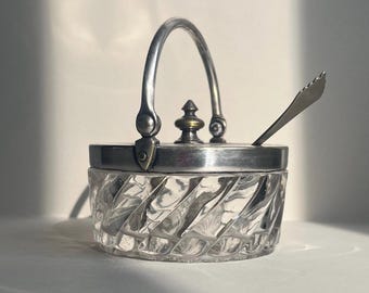 Antique Baccarat Pressed Crystal Sugar Bowl with Metal Lid & Spoon | Edwardian French Glass Jam Pot