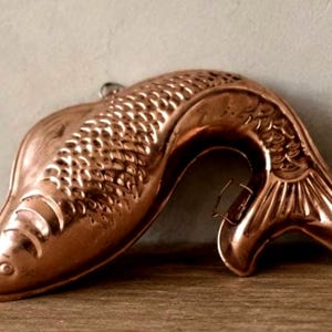 May include: Copper-coloured fish-shaped mould with detailed scales and fins. The mould has a curved design and a small loop for hanging. The fish mould is made of copper and is likely used for baking or decorative purposes.