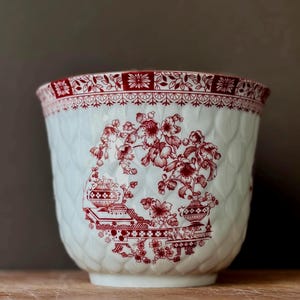 Vintage Red Transferware Plantpot Oriental Floral Ceramic Planter