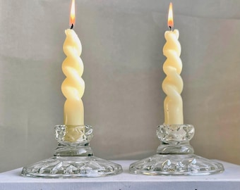 Vintage Cut Glass Candlestick Holders Pair | Pressed Glass Table Decor