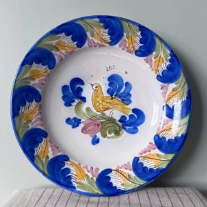 Vintage Faience Plate: Hand-Painted Floral Bird Wall Decor