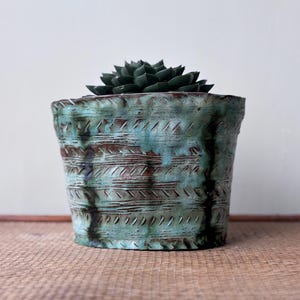 May include: A turquoise ceramic plant pot with a textured, patterned design, holding a dark green succulent. The pot has a rustic, weathered appearance. A decorative piece to add a touch of nature to a home or garden.