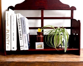 Vintage Wooden Book Rack | Dark Wood Tabletop Shelf | Small Display Shelf | Desktop Bookstand | Rustic Kitchen or Desk Organiser