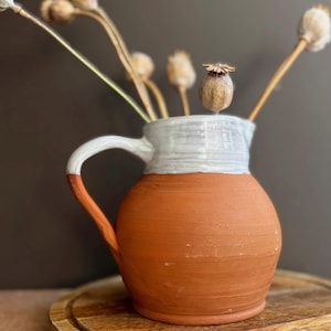 Könnte beinhalten: Ein Terrakotta-Krug mit bauchigem Körper und einem einzelnen Henkel, der einen weiß glasierten oberen Bereich und Rand aufweist. Der Krug enthält mehrere getrocknete Mohnkapseln an langen, dünnen Stielen, die nach oben ragen.